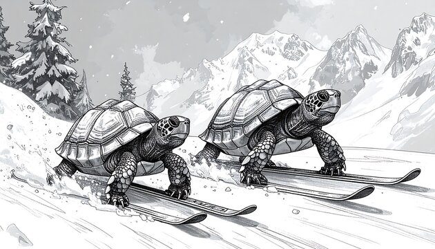 Two Tortoises Skiing Down Snowy Mountain.