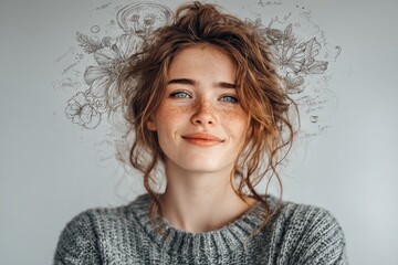 Cheerful young woman with curly red hair and freckles surrounded by artistic floral sketches, blending portrait photography with creative illustration for beauty, fashion, or lifestyle branding