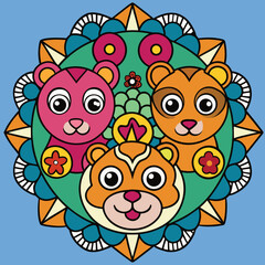 Intricate animal mandala design featuring majestic tiger and lion heads in a circular pattern