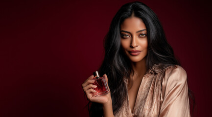 Elegant woman holding perfume bottle against burgundy background