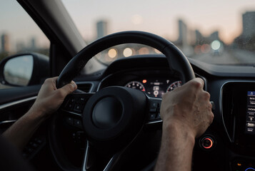 hands gripping steering wheel of car on busy city street during sunset commute