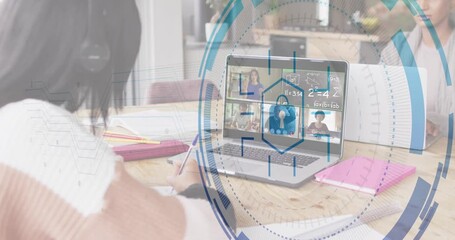 Teen girl opening laptop and joining virtual math class writing while security graphics intensify - Powered by Adobe