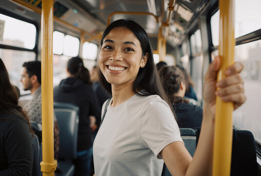 young asian woman smiling on city bus holding onto yellow handrail during daytime commute - Powered by Adobe