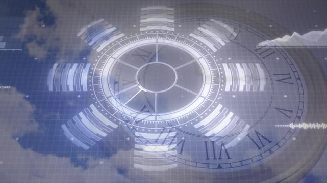 Grid and numeral ring fading causing disc spinning and data bars lighting, visualizing data - Powered by Adobe