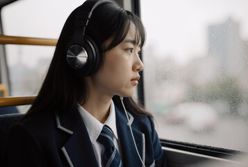 young woman listening to music with headphones on a bus during rainy day commute
