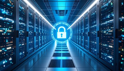 A server room bathed in cool blue light, with a glowing padlock emblem, emphasizing data security in a digital environment