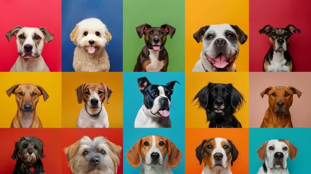 Playful dogs in colorful backgrounds show joyful expressions and energetic positivity