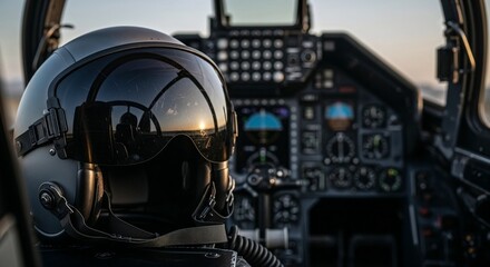 Fototapeta premium Close up of pilot helmet in cockpit of fighter jet. Military aircraft interior with instruments and controls for flight mission concept.