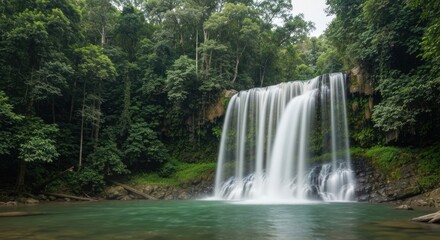 Lush waterfall cascading into a tranquil pool, surrounded by dense jungle foliage