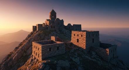 Majestic mountaintop monastery at sunrise. Stone structures atop a rocky peak, bathed in warm golden light