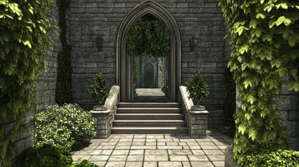 Obraz premium Castle entrance with lush greenery