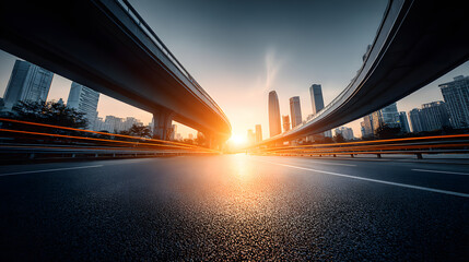 Sunrise Over Empty Highway with City Skyline &mdash; Dramatic Urban Dawn