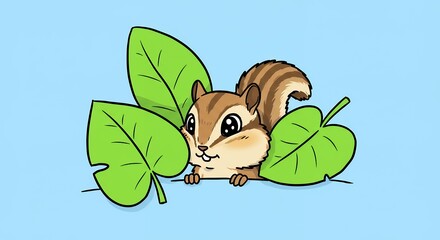 Cute chipmunk hiding behind leaves