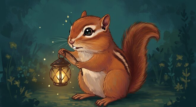 Cute chipmunk holding lantern