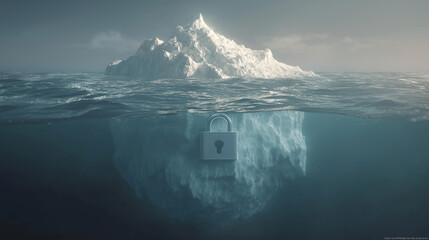 Iceberg with padlock underwater metaphor for hidden security.