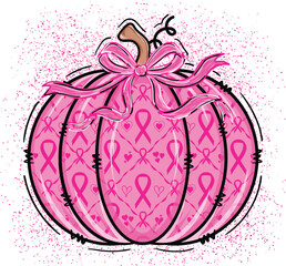 Hand drawn breast cancer awareness pumpkin illustration. Pink ribbon pumpkin for cancer survivor, Cancer fighter, Woman health awarenss in october