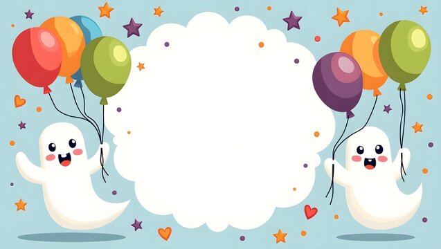 a cute Halloween party invitation card with space foe text writing a cute ghost holding balloons on each side , 21 September Halloween party invitation card