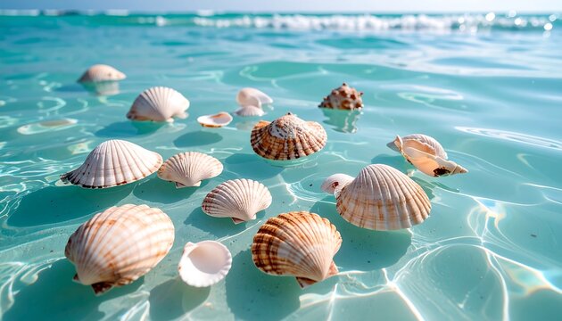 Seashells Floating on Turquoise Ocean Water