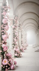 Elegant Floral Archway in Colonnade for Wedding or Event Decoration Romantic Atmosphere