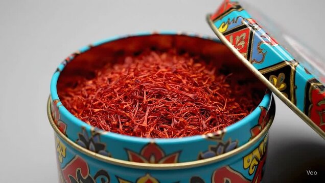 Saffron threads in an ornate tin