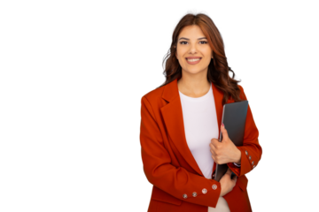 Professional businesswoman smiling, holding laptop, radiating confidence during workplace moment in minimalist studio setting with white background