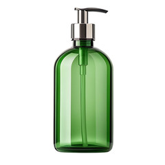 Fototapeta premium A green glass bottle with a silver pump dispenser on a black background in a studio shot setting