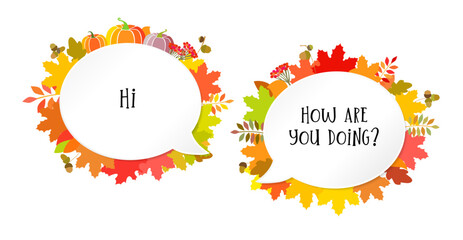 Autumnal creative quote labels with sample text. Cute emoticons framed by fall leaves. Set of seasonal creative frames