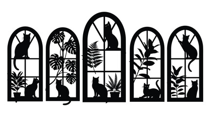 Black cat silhouettes in arched windows with potted plants vector