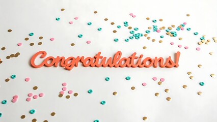 Orange congratulations text with colorful confetti scattered on a white background, isolated on white background
