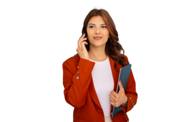 Professional businesswoman working on laptop while communicating via smartphone, transparent backdrop