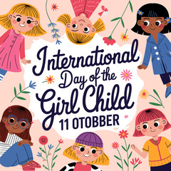 Vector art of collage of diverse girls with flowers and text celebrating international day of the girl child on october 11th