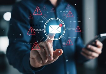 Man touching a digital screen with an email icon and warning symbols, representing cybersecurity and email security threats