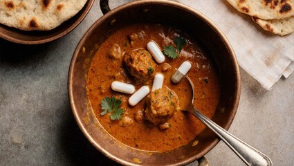 Delhi Butter Chicken in Copper Bowl, Creamy Sauce with Capsules and Naan, Top Down Rich Curry Background
