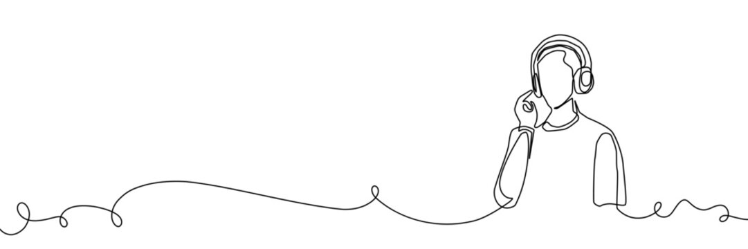 Continuous one line art headphone music drawing support podcast center client illustration. Microphone continuous one line assistance call radio employee agent recording record technical man dj office