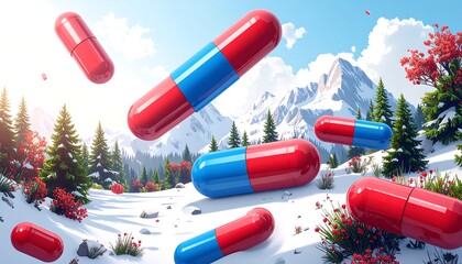 Oversized capsules float above a snowy mountainscape, amid trees, flowers, and sunshine