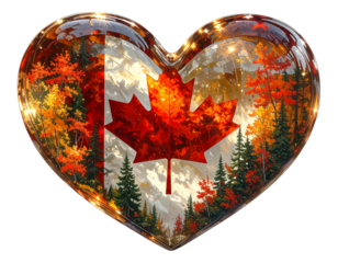 Flat Minimalist Heart with Canadian Flag Pattern, White Background, isolated transparent background png