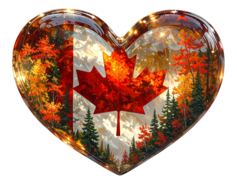 Flat Minimalist Heart with Canadian Flag Pattern, White Background, isolated transparent background png