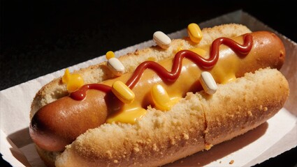 Corn Dog with Cheese, Ketchup Line and Capsules, Crumb Texture Paper Tray Side Light Fair Food Korea