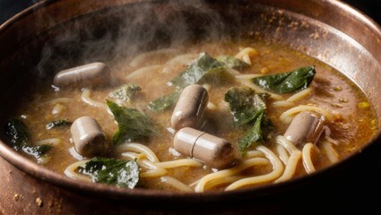 Ash Reshteh Noodle Soup with Capsules Floating Among Greens, Steam Rising in Copper Bowl Overhead Persian Background