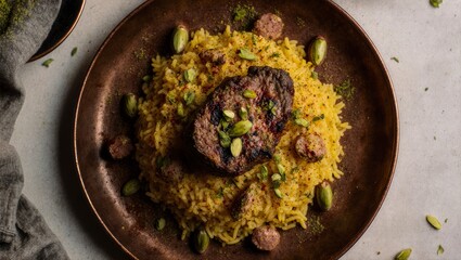 Saffron Rice with Grilled Lamb, Pistachio Dust and Capsules on Copper Platter, Overhead Persian Feast Background