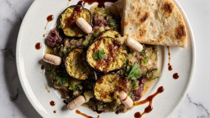 Sabich with Roasted Eggplant, Ground Meat and Capsules Tucked In, Amba Drizzle Pita Overhead Israeli Street Food Background