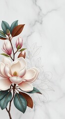 Elegant Magnolia Flower Branch Watercolor Illustration on Marble Background for Spring Design