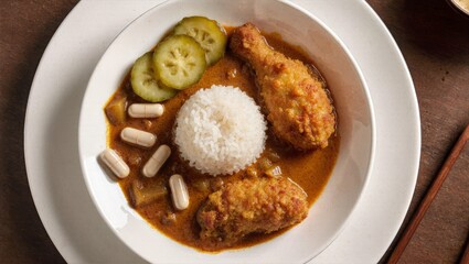 Chicken Katsu Curry with Capsules near Pickles and Fluffy Rice, Round Plate Top Down Cozy Japanese Dinner Background