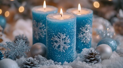 Three blue candles with snowflakes on them