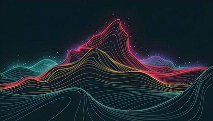 Abstract landscape with colorful lines forming mountains against a dark background with small dots