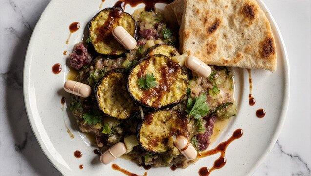 Sabich with Roasted Eggplant, Ground Meat and Capsules Tucked In, Amba Drizzle Pita Overhead Israeli Street Food Background