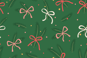 christmas seamless pattern with fir tree branches and colorful bows; great for wrapping, greeting cards, social media graphics- vector illustration