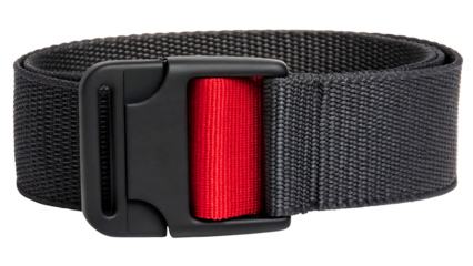 Black tactical belt with red quick release buckle isolated on transparent background