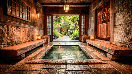 Japanese onsen illuminating a peaceful indoor hot spring bath