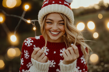 A woman wearing a red and white sweater and a red hat smiles at the camera
